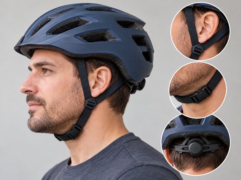 Photo-based diagram showing helmet side straps, chin buckle, and rear fit dial
