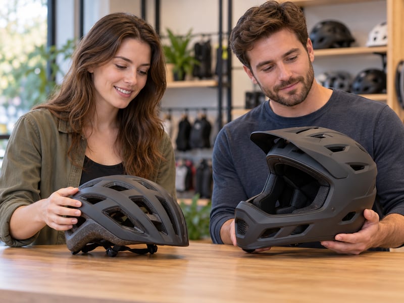 Adult shoppers comparing an open-face and full-face helmet in a retail store