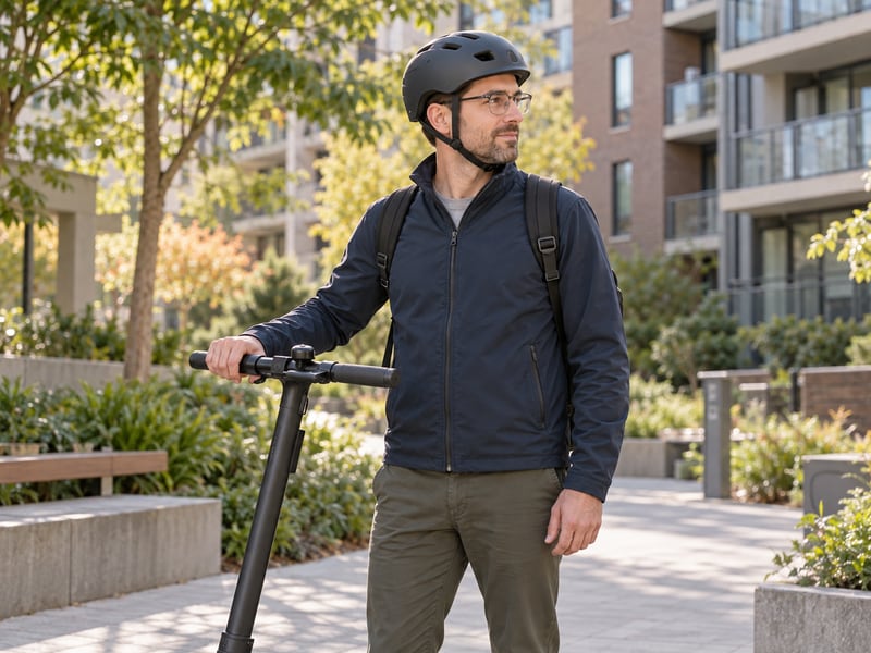 Adult commuter wearing a helmet with glasses and a jacket beside a parked scooter
