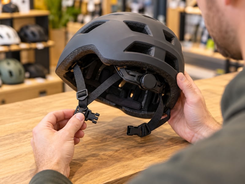 Adult shopper examining a helmet buckle and rear adjustment dial