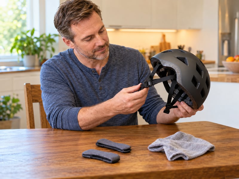 Adult checking an intact helmet beside removable comfort pads at home
