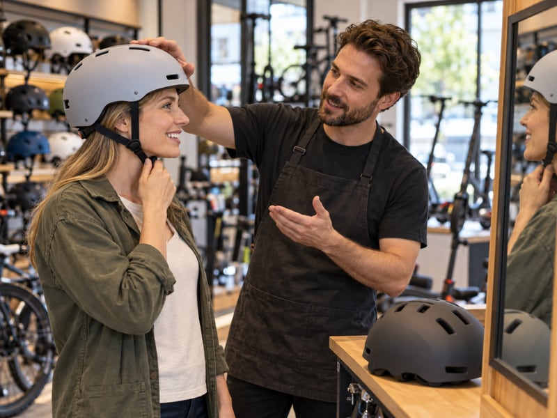Adult shopper trying on a helmet with help from a store assistant