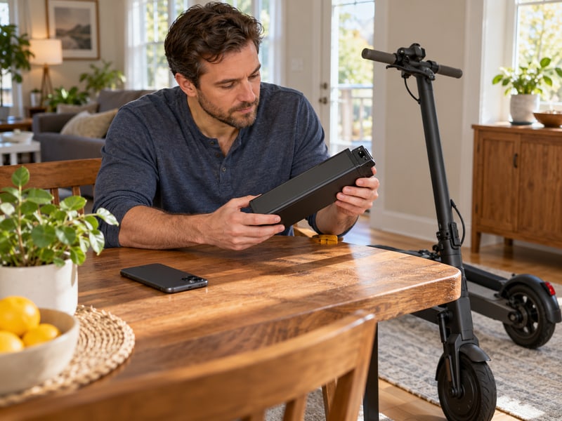 Adult comparing an electric scooter replacement battery at home