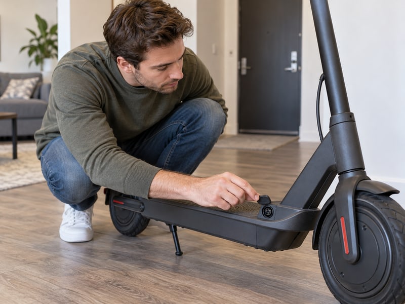 Adult owner inspecting an unplugged scooter charging port at home
