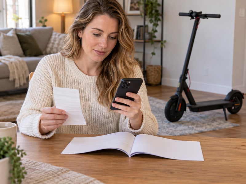 Western scooter owner organizing purchase records for a warranty question