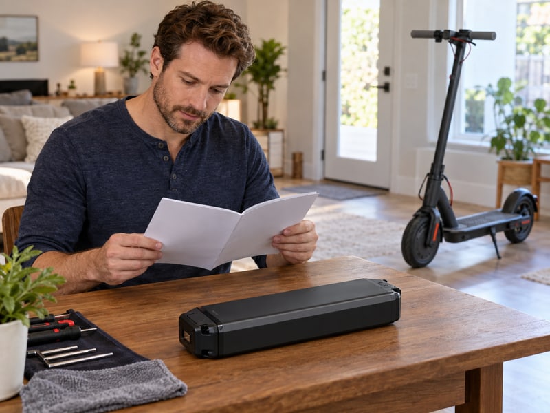 Adult owner reading instructions before replacing a removable pack
