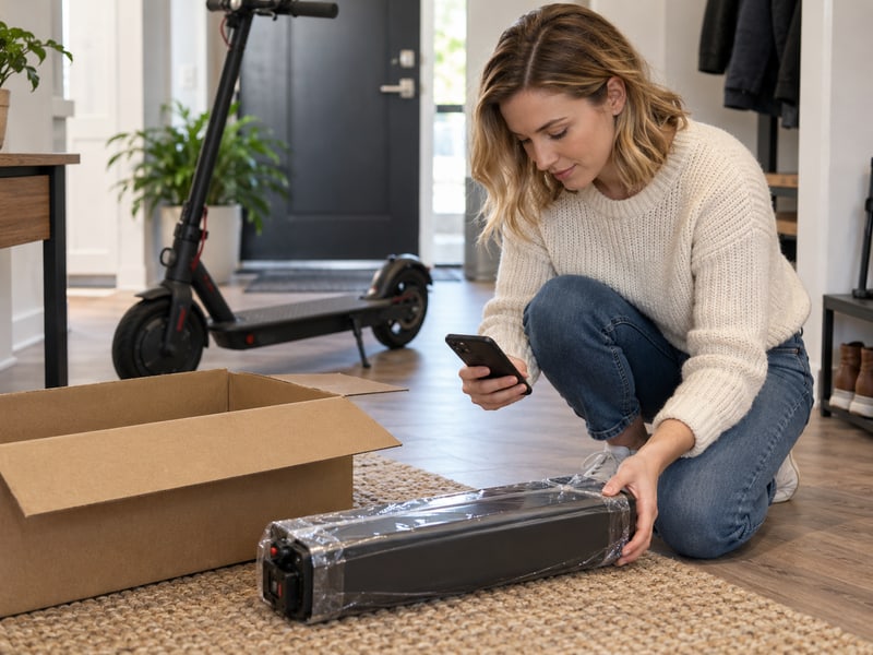 Consumer inspecting a delivered replacement battery at home