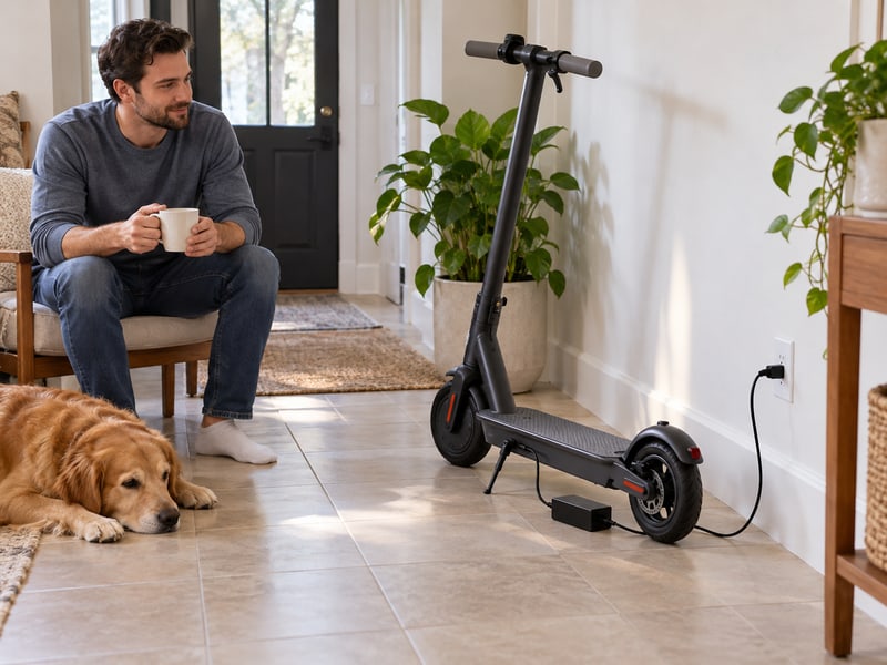 Adult supervising scooter charging on a tiled floor at home