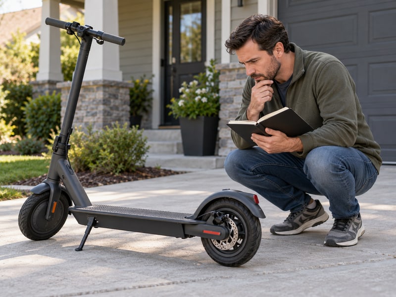 Scooter owner checking overall condition before a repair decision