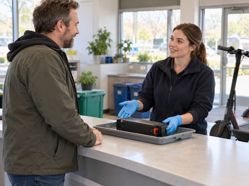 Consumer bringing an intact scooter battery to a collection counter