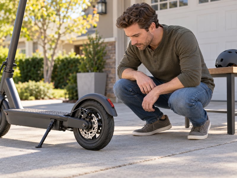 Adult checking an electric scooter brake before choosing replacement pads