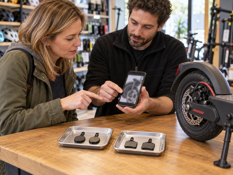 Adult shopper comparing a brake photograph with replacement parts