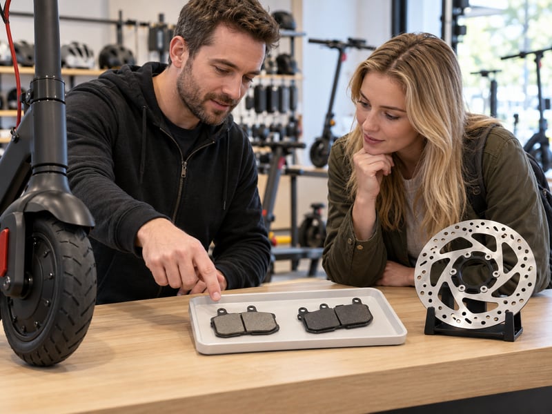 Adult customer comparing replacement brake pad options with a store assistant