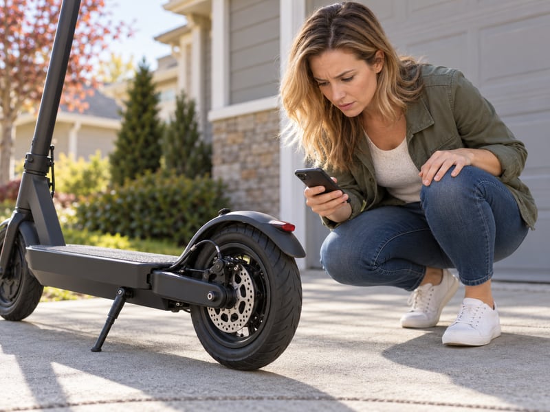 Adult owner checking a stationary scooter after noticing brake noise