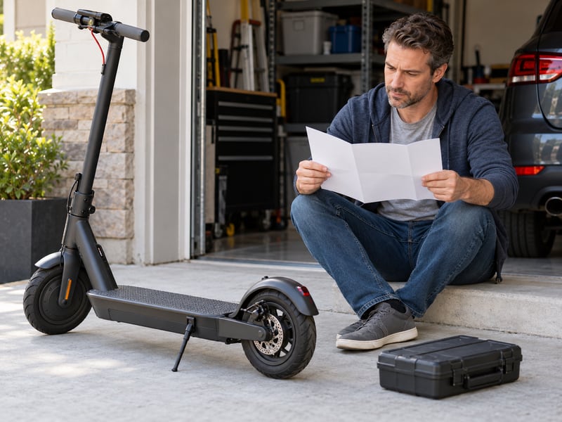 Adult owner reading instructions beside a parked scooter at home