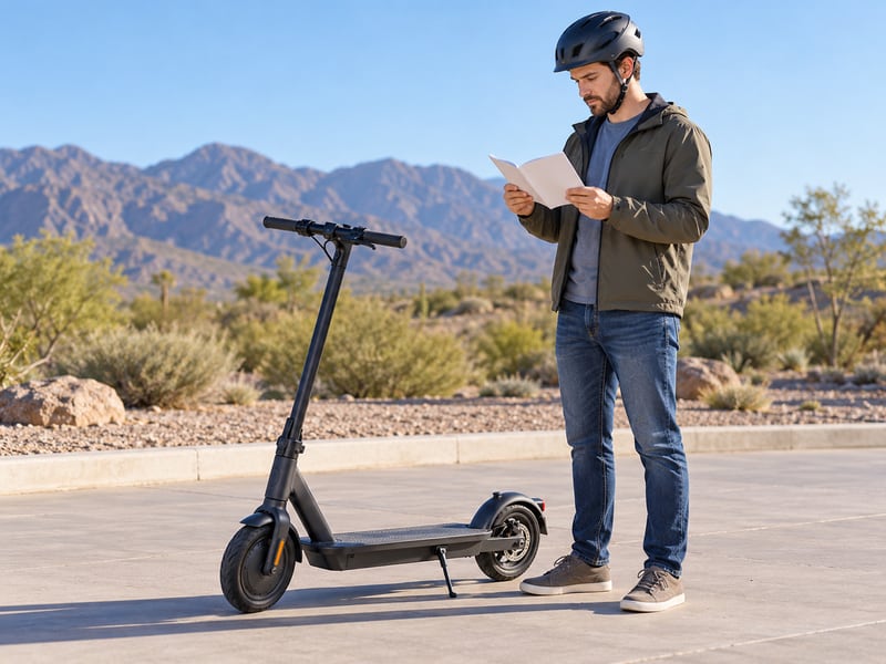 Adult rider reviewing instructions beside a parked scooter in a clear paved area