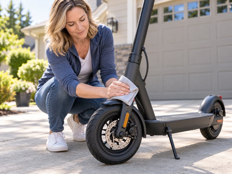 Adult cleaning a scooter exterior while keeping brake friction surfaces clear