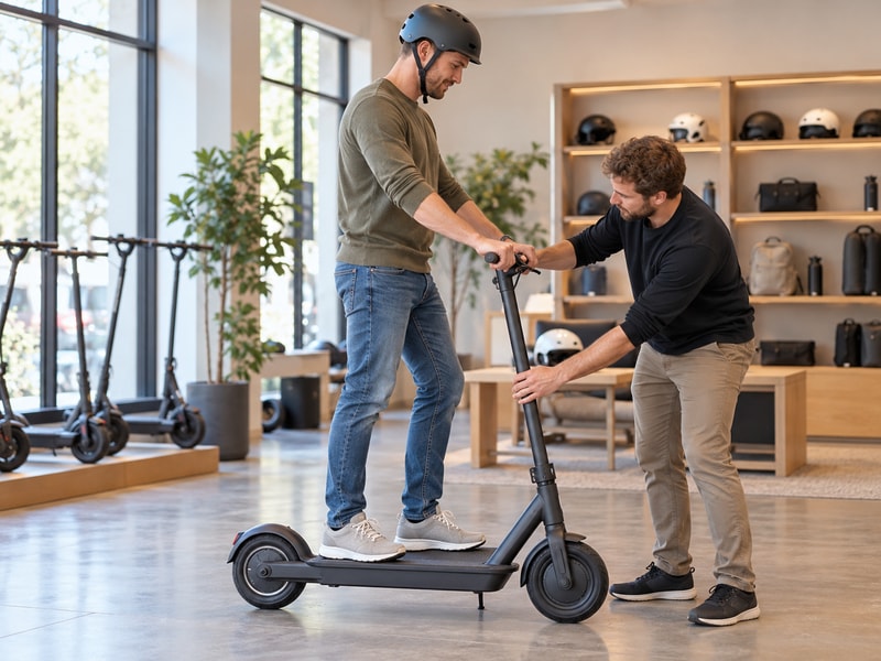 Electric scooter for tall adults fit check in a retail area