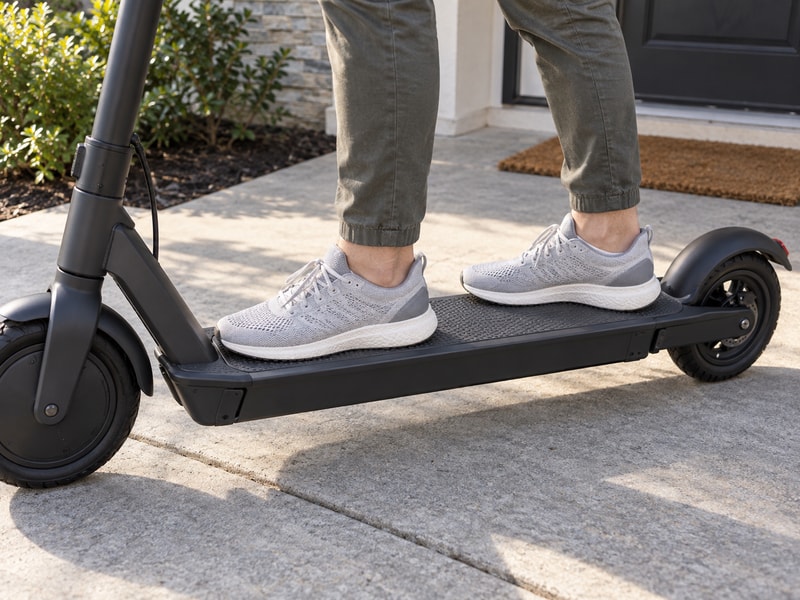 Adult shoes supported in a staggered stance on a scooter deck