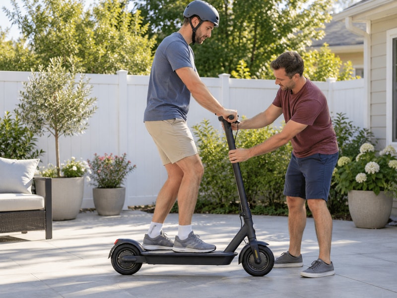 Tall adult checking knee clearance on a supported stationary scooter