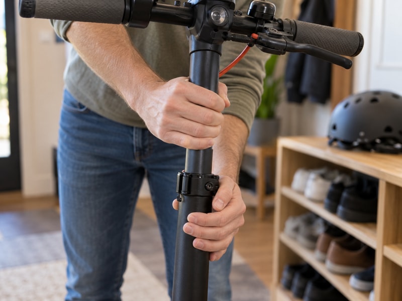 Adult hands checking a closed handlebar-height clamp at home