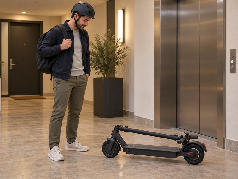 Adult checking a folded scooter before carrying it into an apartment