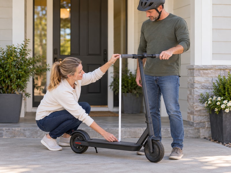 Two adults checking deck-to-grip height on a generic compact scooter