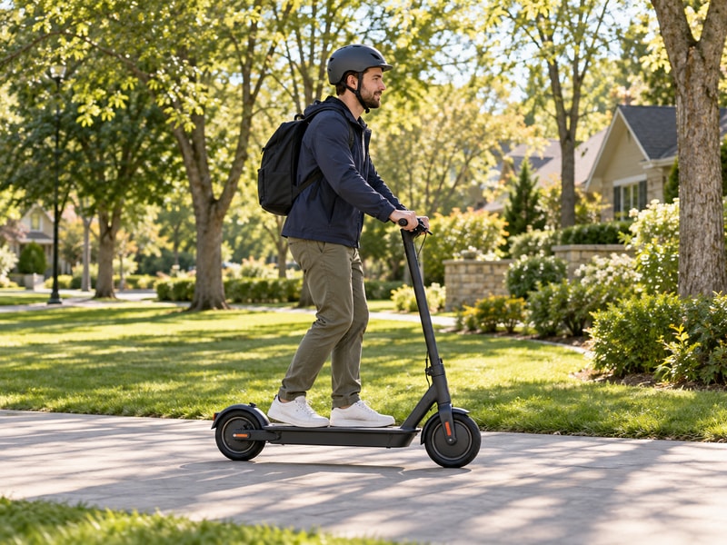 Helmeted adult testing a scooter on a quiet level neighborhood path