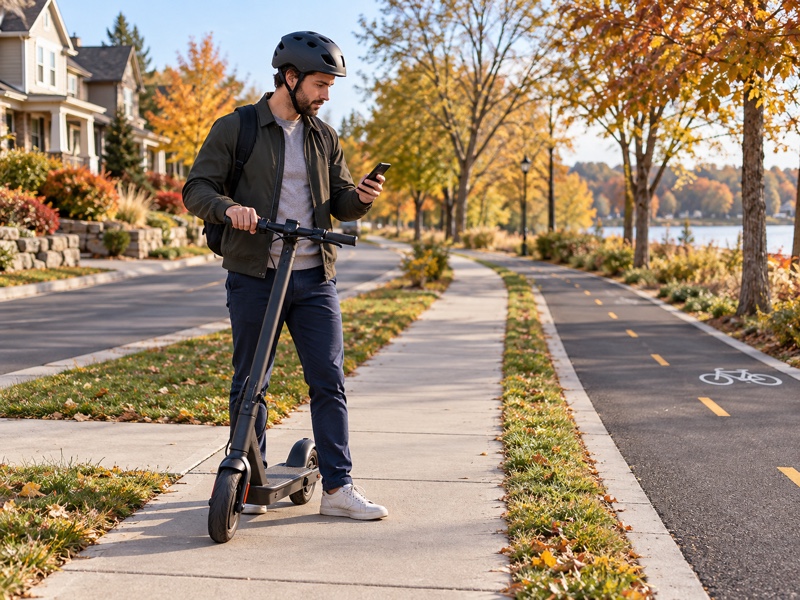 Helmeted adult standing beside an electric scooter near a Minnesota neighborhood bike lane