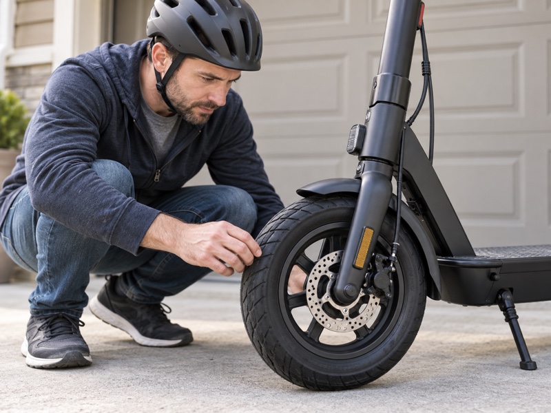 Close view of a compact electric scooter wheel while a helmeted adult checks its size