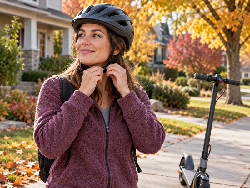 Helmeted adult adjusting a properly fitted bicycle helmet beside a parked electric scooter