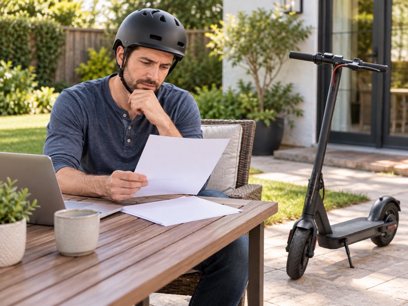Helmeted adult reviewing electric scooter purchase paperwork at an outdoor table