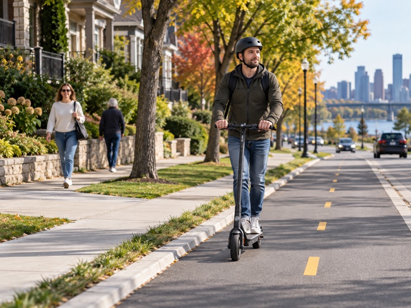 Helmeted adult riding an electric scooter alone on a bicycle path beside a separate pedestrian sidewalk