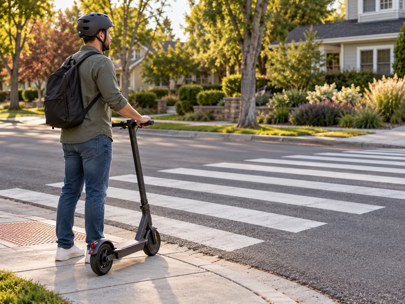 Helmeted adult dismounted beside an electric scooter at a neighborhood intersection