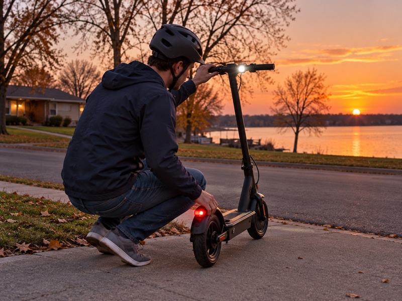 Helmeted adult checking a white electric scooter headlight and red rear light at dusk