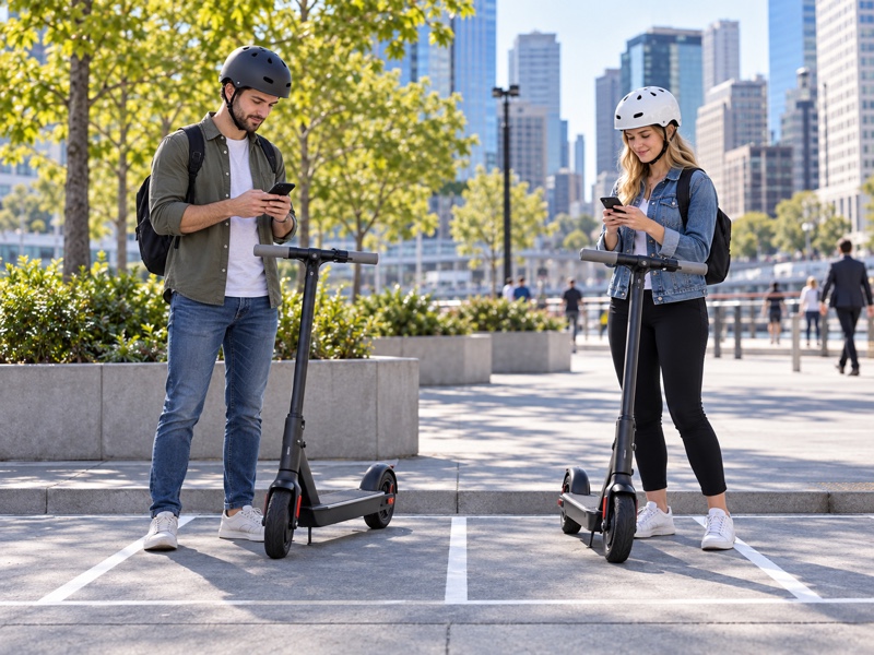 Two helmeted adults each standing beside a separate parked rental-style electric scooter