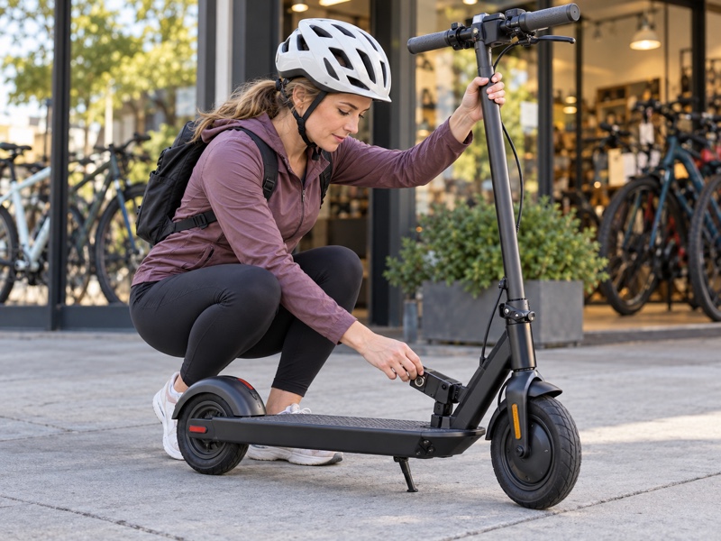Helmeted adult inspecting a compact electric scooter's deck, folding latch, and handlebars outside a shop