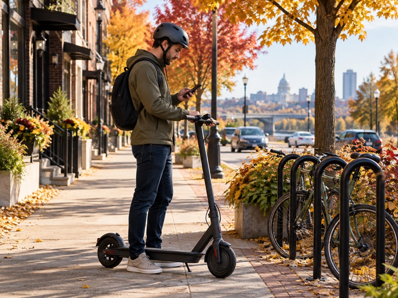 Helmeted adult checking a phone route beside a parked electric scooter on a quiet Minnesota street