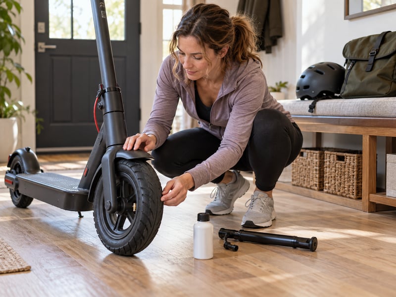 Adult checking an electric scooter tire beside sealant supplies at home