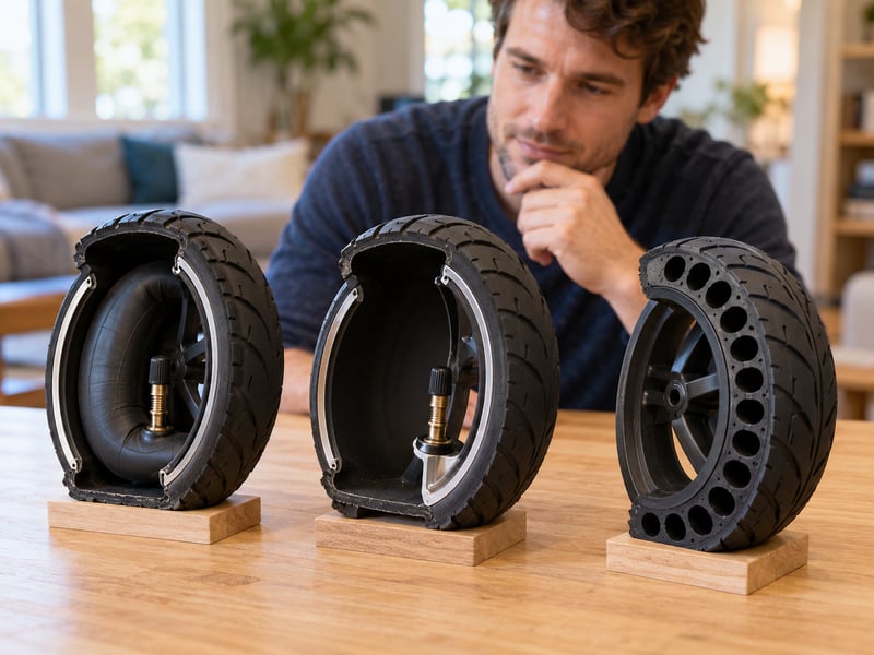 Photo-based cutaway diagram comparing tubed, tubeless and honeycomb solid scooter tires