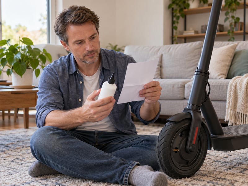 Adult scooter owner comparing sealant and instructions beside a scooter at home