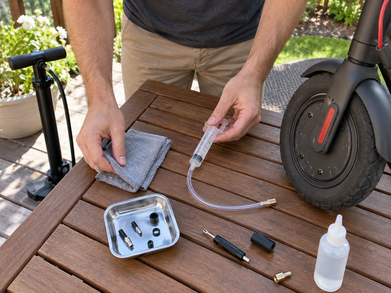 Home scooter-care tools laid out on a patio table before tire maintenance