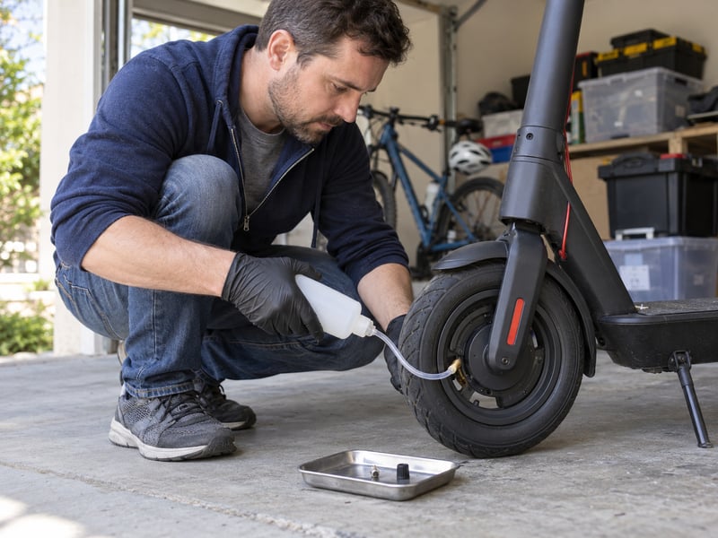 Scooter owner adding sealant through a deflated pneumatic tire valve at home