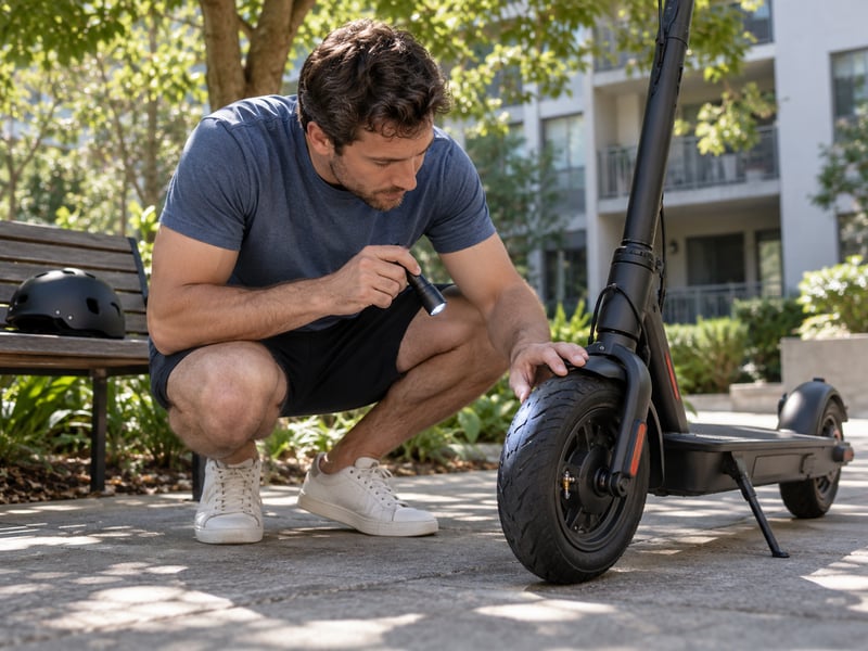 Owner inspecting a scooter tire for damage in a quiet residential courtyard