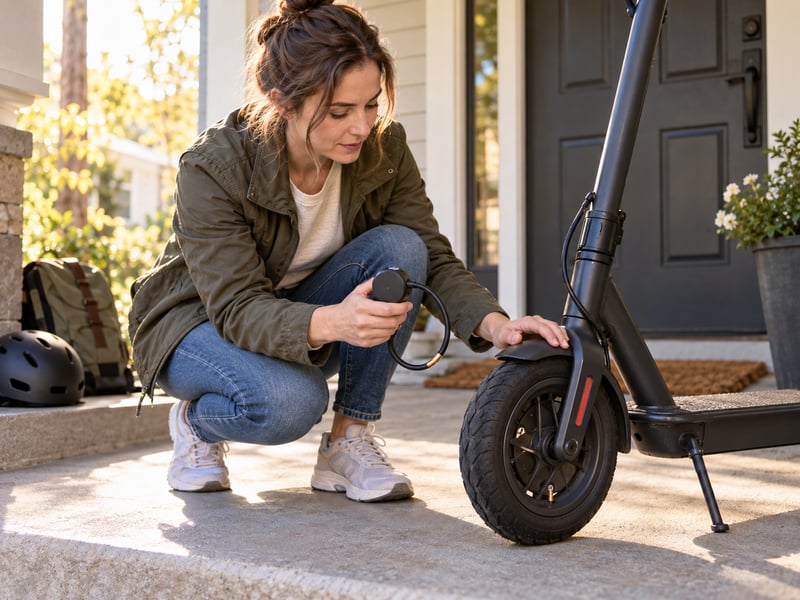 Commuter preparing a pressure gauge beside her scooter on a front porch