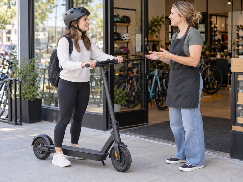 Helmeted scooter owner talking with a neighborhood mobility-store employee