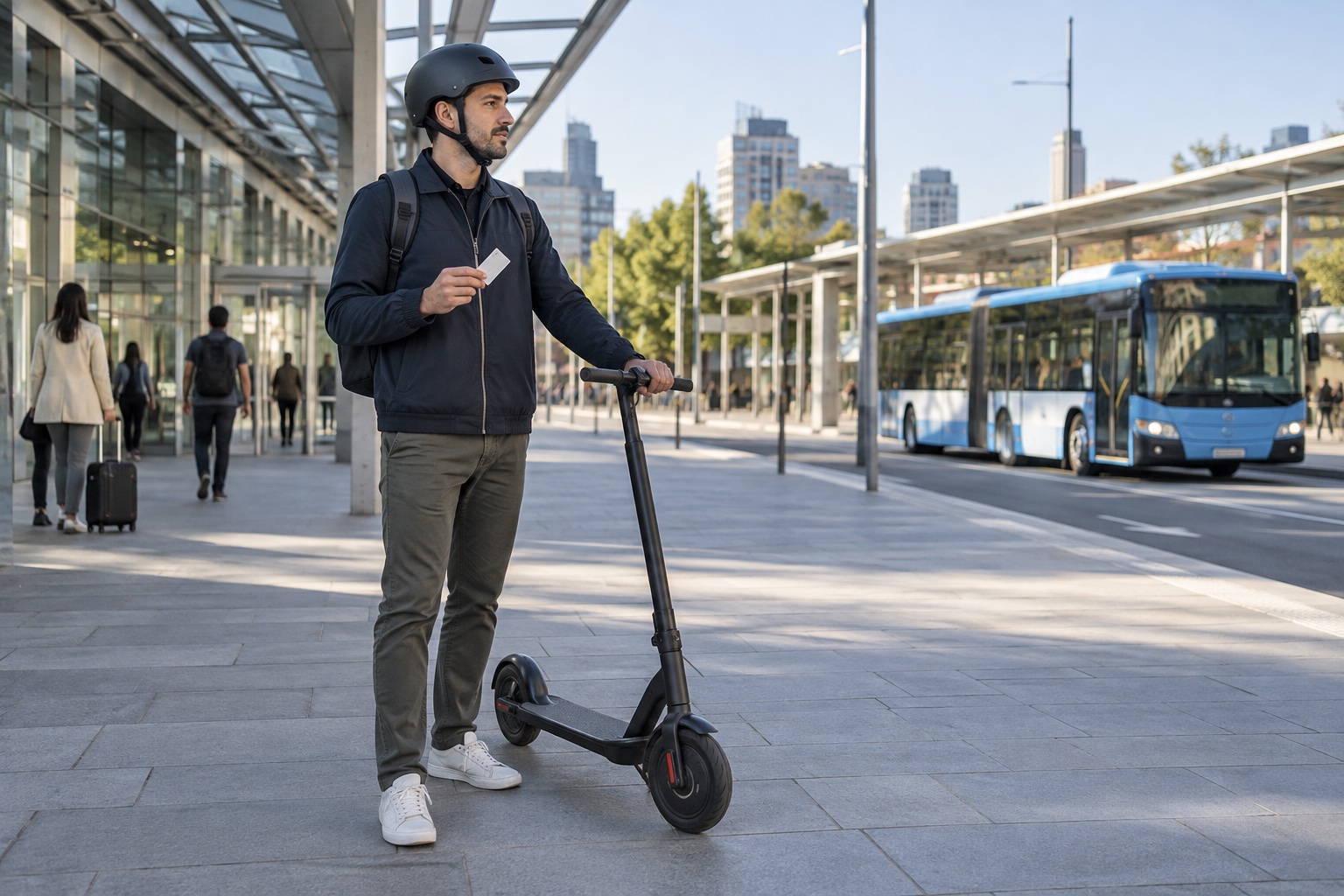 Electric scooter vs public transit comparison at a bus station