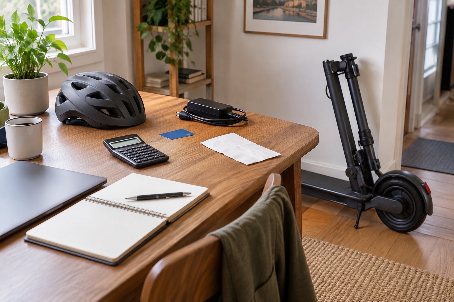 Helmet, charger, fare card, and calculator on a home desk