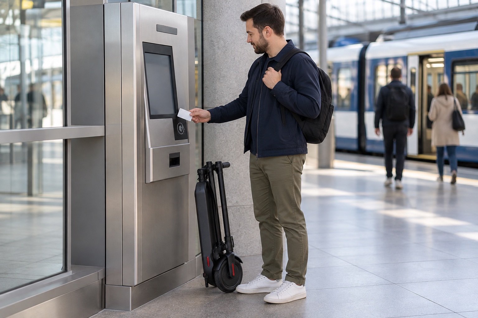 Commuter tapping a fare card at a station ticket machine
