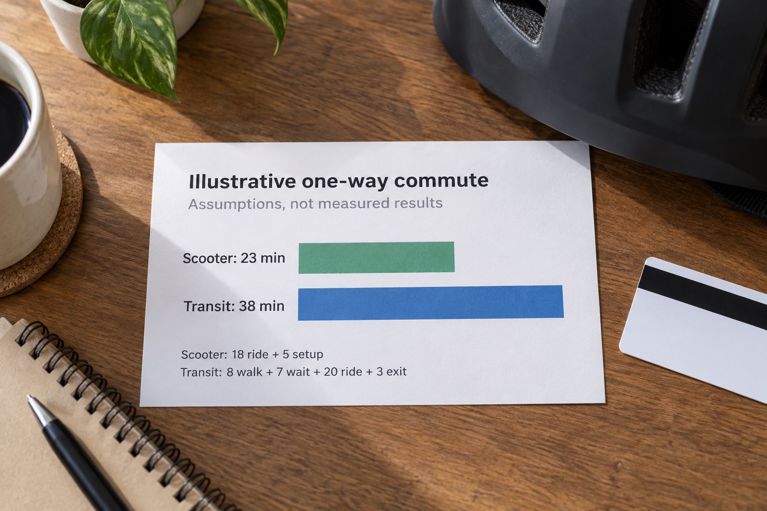 Electric scooter vs public transit chart with illustrative 23-minute and 38-minute trips